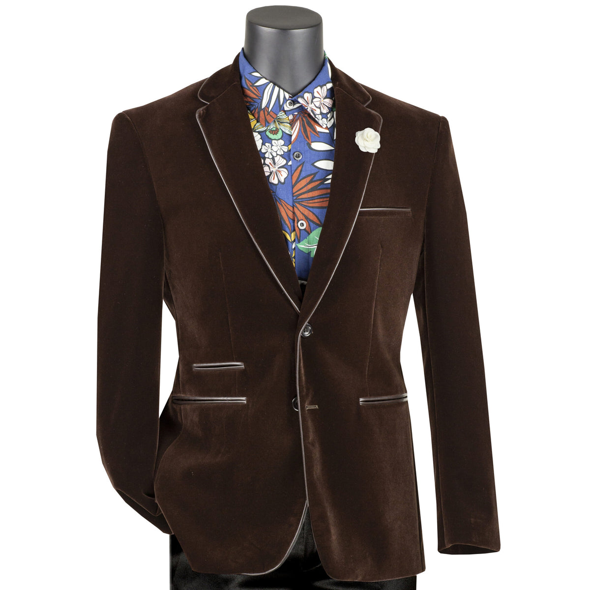 VINCI Men's Brown Velvet 2-Button Slim-Fit Blazer with Leather Trim - NEW. Features a rich velvet texture, notch lapel, and sleek slim-fit silhouette with leather trim. Perfect for sophisticated day-to-night transitions and holiday occasions. Available at Fashion House Inc. (FH Menswear)