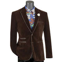 VINCI Men's Brown Velvet 2-Button Slim-Fit Blazer with Leather Trim - NEW. Features a rich velvet texture, notch lapel, and sleek slim-fit silhouette with leather trim. Perfect for sophisticated day-to-night transitions and holiday occasions. Available at Fashion House Inc. (FH Menswear)
