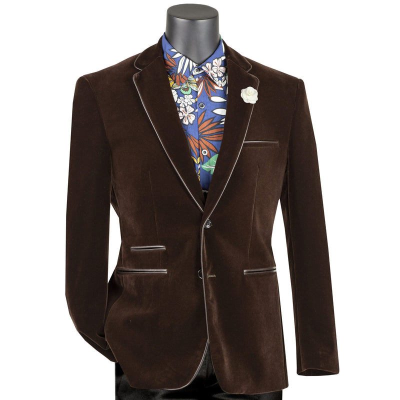 VINCI Men's Brown Velvet 2-Button Slim-Fit Blazer with Leather Trim - NEW. Features a rich velvet texture, notch lapel, and sleek slim-fit silhouette with leather trim. Perfect for sophisticated day-to-night transitions and holiday occasions. Available at Fashion House Inc. (FH Menswear)
