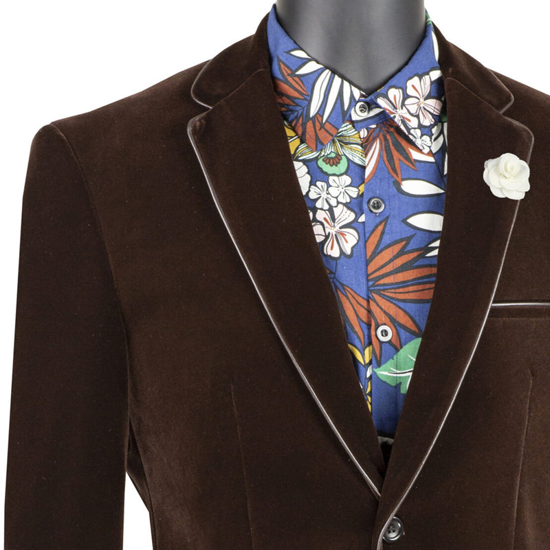 VINCI Men's Brown Velvet 2-Button Slim-Fit Blazer with Leather Trim - NEW. Features a rich velvet texture, notch lapel, and sleek slim-fit silhouette with leather trim. Perfect for sophisticated day-to-night transitions and holiday occasions. Available at Fashion House Inc. (FH Menswear)