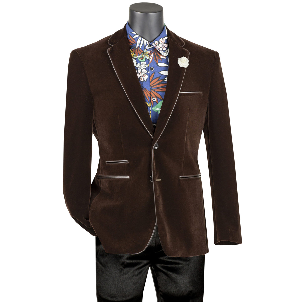 VINCI Men's Brown Velvet 2-Button Slim-Fit Blazer with Leather Trim - NEW. Features a rich velvet texture, notch lapel, and sleek slim-fit silhouette with leather trim. Perfect for sophisticated day-to-night transitions and holiday occasions. Available at Fashion House Inc. (FH Menswear)