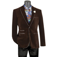 VINCI Men's Brown Velvet 2-Button Slim-Fit Blazer with Leather Trim - NEW. Features a rich velvet texture, notch lapel, and sleek slim-fit silhouette with leather trim. Perfect for sophisticated day-to-night transitions and holiday occasions. Available at Fashion House Inc. (FH Menswear)