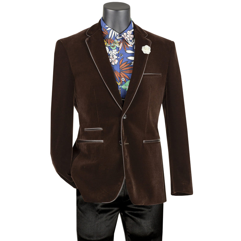 VINCI Men's Brown Velvet 2-Button Slim-Fit Blazer with Leather Trim - NEW. Features a rich velvet texture, notch lapel, and sleek slim-fit silhouette with leather trim. Perfect for sophisticated day-to-night transitions and holiday occasions. Available at Fashion House Inc. (FH Menswear)