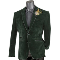 VINCI Men's Emerald Green Velvet 2-Button Slim-Fit Blazer with Leather Trim - NEW. Features a rich velvet texture, notch lapel, and sleek slim-fit silhouette with leather trim. Perfect for sophisticated day-to-night transitions and holiday occasions. Available at Fashion House Inc. (FH Menswear)