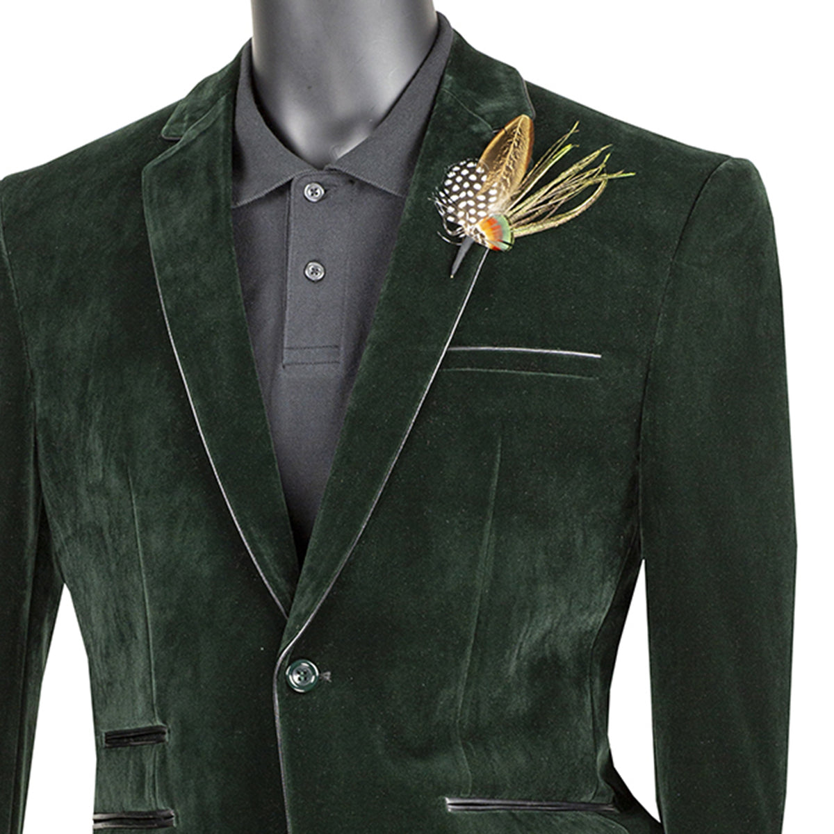 VINCI Men's Emerald Green Velvet 2-Button Slim-Fit Blazer with Leather Trim - NEW. Features a rich velvet texture, notch lapel, and sleek slim-fit silhouette with leather trim. Perfect for sophisticated day-to-night transitions and holiday occasions. Available at Fashion House Inc. (FH Menswear)