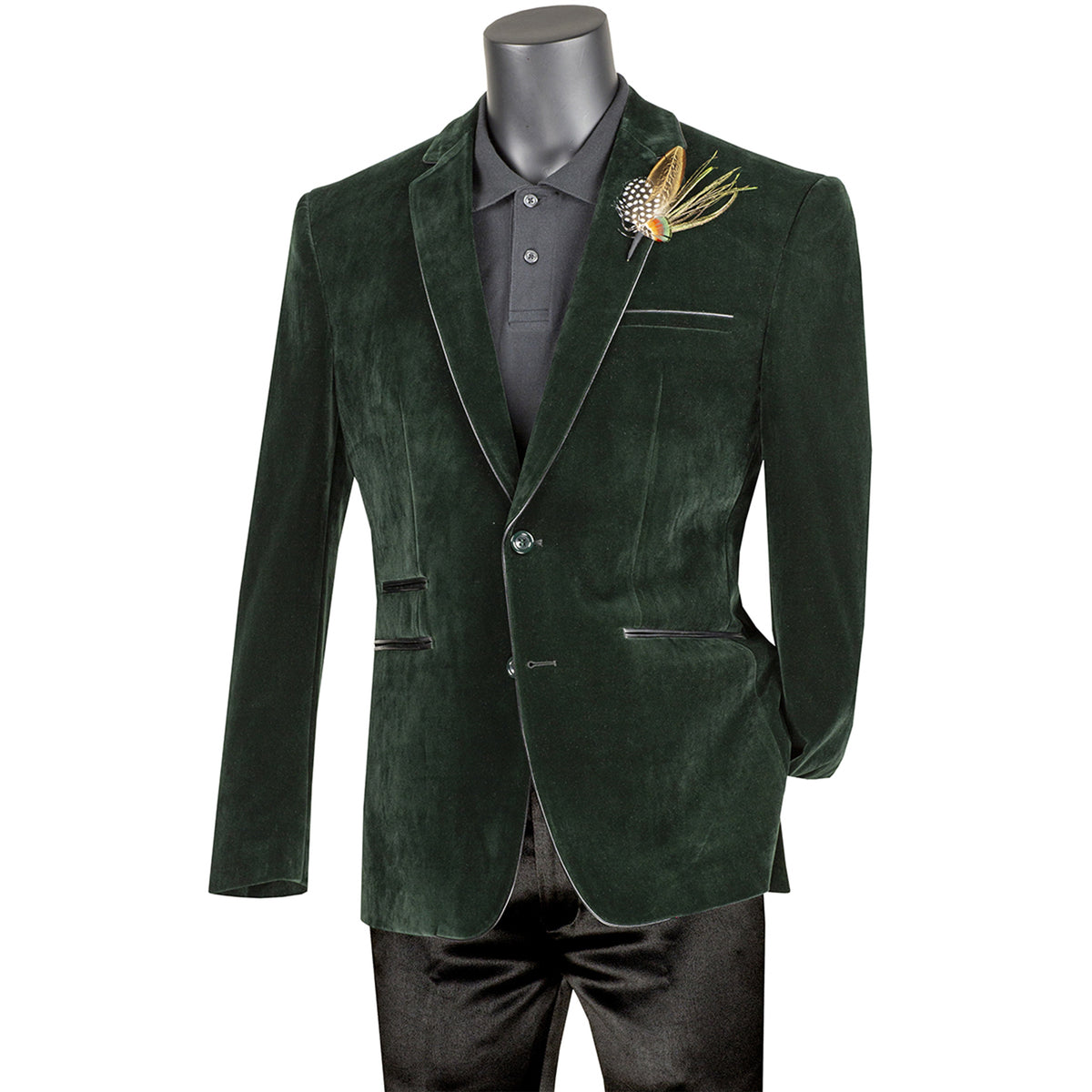 VINCI Men's Emerald Green Velvet 2-Button Slim-Fit Blazer with Leather Trim - NEW. Features a rich velvet texture, notch lapel, and sleek slim-fit silhouette with leather trim. Perfect for sophisticated day-to-night transitions and holiday occasions. Available at Fashion House Inc. (FH Menswear)
