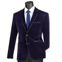 VINCI Men's Navy Blue Velvet 2-Button Slim-Fit Blazer with Leather Trim - NEW. Features a rich velvet texture, notch lapel, and sleek slim-fit silhouette with leather trim. Perfect for sophisticated day-to-night transitions and holiday occasions. Available at Fashion House Inc. (FH Menswear)