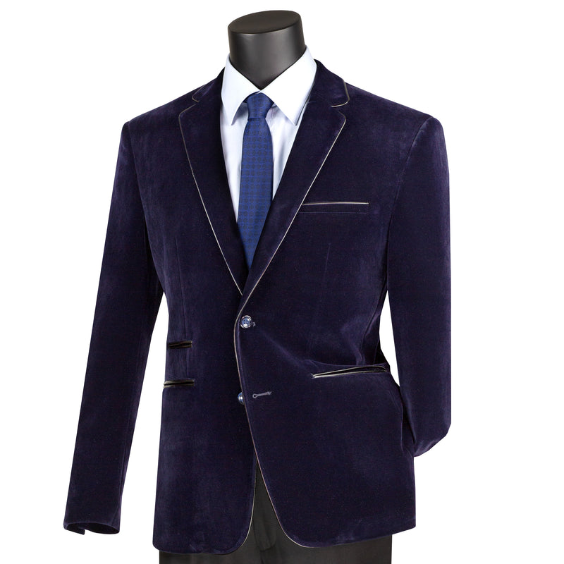VINCI Men's Navy Blue Velvet 2-Button Slim-Fit Blazer with Leather Trim - NEW. Features a rich velvet texture, notch lapel, and sleek slim-fit silhouette with leather trim. Perfect for sophisticated day-to-night transitions and holiday occasions. Available at Fashion House Inc. (FH Menswear)