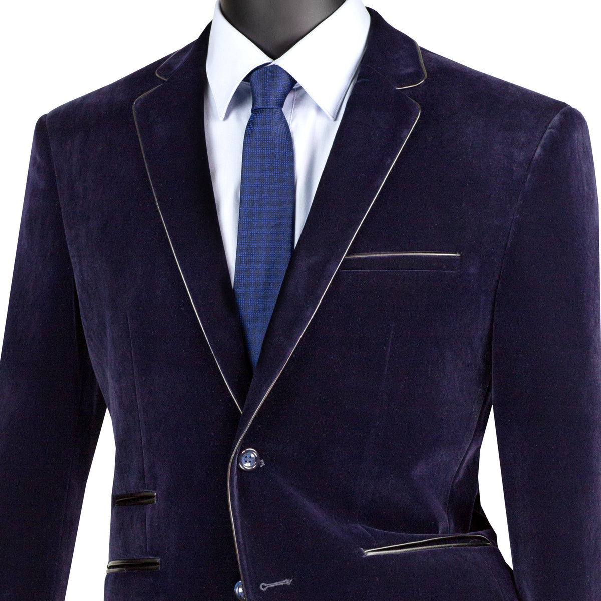 VINCI Men's Navy Blue Velvet 2-Button Slim-Fit Blazer with Leather Trim - NEW. Features a rich velvet texture, notch lapel, and sleek slim-fit silhouette with leather trim. Perfect for sophisticated day-to-night transitions and holiday occasions. Available at Fashion House Inc. (FH Menswear)