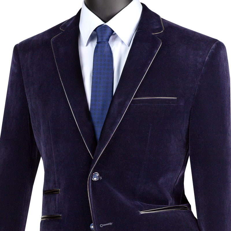 VINCI Men's Navy Blue Velvet 2-Button Slim-Fit Blazer with Leather Trim - NEW. Features a rich velvet texture, notch lapel, and sleek slim-fit silhouette with leather trim. Perfect for sophisticated day-to-night transitions and holiday occasions. Available at Fashion House Inc. (FH Menswear)