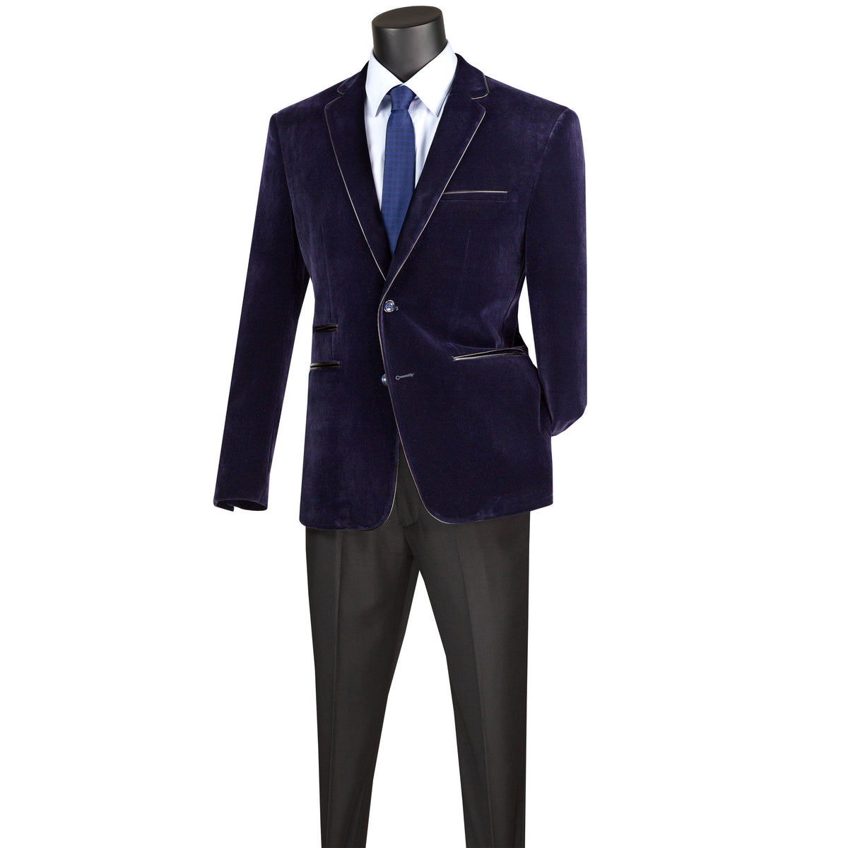 VINCI Men's Navy Blue Velvet 2-Button Slim-Fit Blazer with Leather Trim - NEW. Features a rich velvet texture, notch lapel, and sleek slim-fit silhouette with leather trim. Perfect for sophisticated day-to-night transitions and holiday occasions. Available at Fashion House Inc. (FH Menswear)