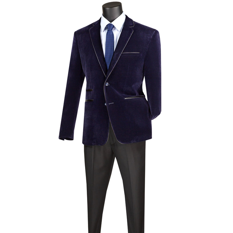VINCI Men's Navy Blue Velvet 2-Button Slim-Fit Blazer with Leather Trim - NEW. Features a rich velvet texture, notch lapel, and sleek slim-fit silhouette with leather trim. Perfect for sophisticated day-to-night transitions and holiday occasions. Available at Fashion House Inc. (FH Menswear)