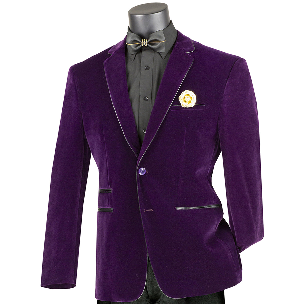 VINCI Men's Purple Velvet 2-Button Slim-Fit Blazer with Leather Trim - NEW. Features a rich velvet texture, notch lapel, and sleek slim-fit silhouette with leather trim. Perfect for sophisticated day-to-night transitions and holiday occasions. Available at Fashion House Inc. (FH Menswear)