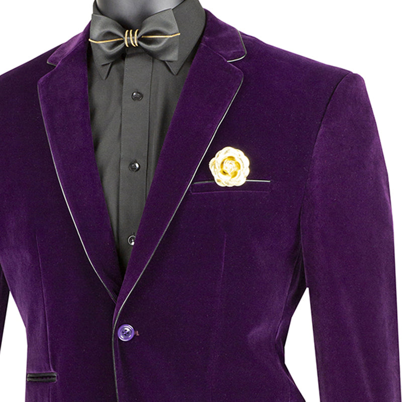 VINCI Men's Purple Velvet 2-Button Slim-Fit Blazer with Leather Trim - NEW. Features a rich velvet texture, notch lapel, and sleek slim-fit silhouette with leather trim. Perfect for sophisticated day-to-night transitions and holiday occasions. Available at Fashion House Inc. (FH Menswear)