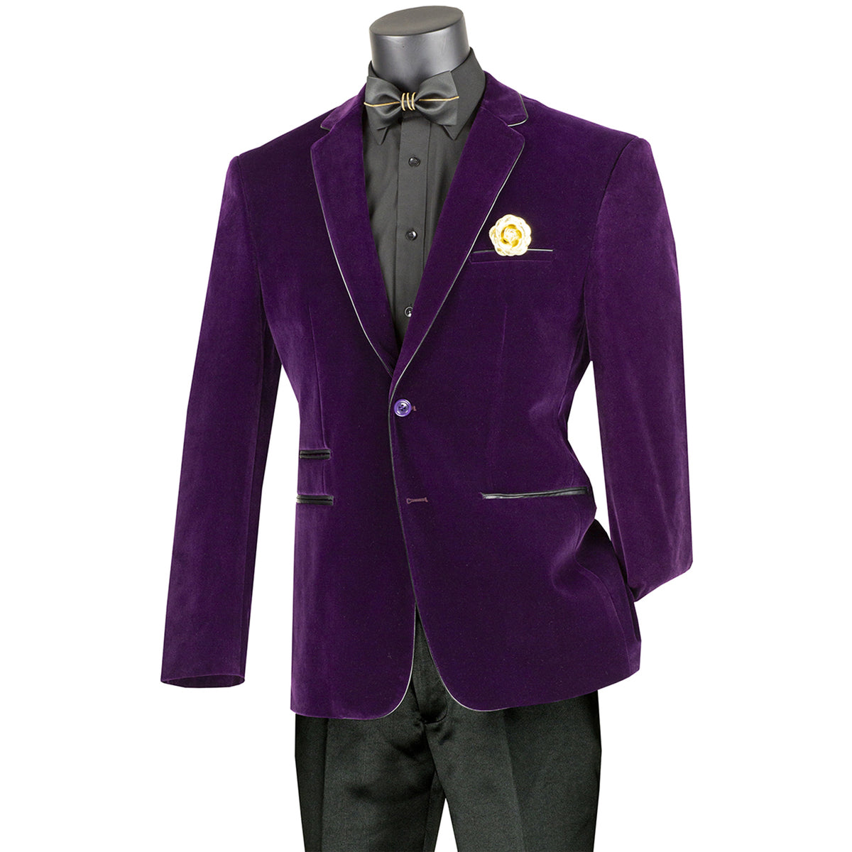VINCI Men's Purple Velvet 2-Button Slim-Fit Blazer with Leather Trim - NEW. Features a rich velvet texture, notch lapel, and sleek slim-fit silhouette with leather trim. Perfect for sophisticated day-to-night transitions and holiday occasions. Available at Fashion House Inc. (FH Menswear)