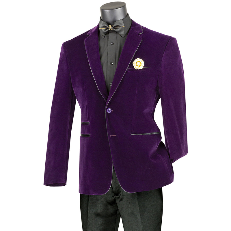 VINCI Men's Purple Velvet 2-Button Slim-Fit Blazer with Leather Trim - NEW. Features a rich velvet texture, notch lapel, and sleek slim-fit silhouette with leather trim. Perfect for sophisticated day-to-night transitions and holiday occasions. Available at Fashion House Inc. (FH Menswear)