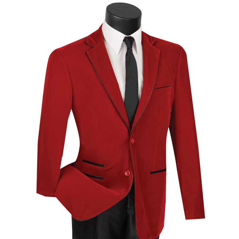 VINCI Men's Red Velvet 2-Button Slim-Fit Blazer with Leather Trim - NEW. Features a rich velvet texture, notch lapel, and sleek slim-fit silhouette with leather trim. Perfect for sophisticated day-to-night transitions and holiday occasions. Available at Fashion House Inc. (FH Menswear)