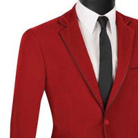 VINCI Men's Red Velvet 2-Button Slim-Fit Blazer with Leather Trim - NEW. Features a rich velvet texture, notch lapel, and sleek slim-fit silhouette with leather trim. Perfect for sophisticated day-to-night transitions and holiday occasions. Available at Fashion House Inc. (FH Menswear)