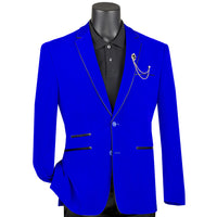 VINCI Men's Royal Blue Velvet 2-Button Slim-Fit Blazer with Leather Trim - NEW. Features a rich velvet texture, notch lapel, and sleek slim-fit silhouette with leather trim. Perfect for sophisticated day-to-night transitions and holiday occasions. Available at Fashion House Inc. (FH Menswear)