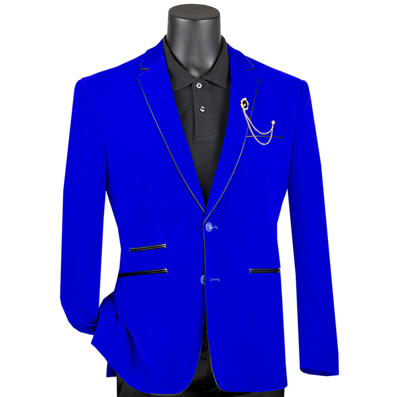 VINCI Men's Royal Blue Velvet 2-Button Slim-Fit Blazer with Leather Trim - NEW. Features a rich velvet texture, notch lapel, and sleek slim-fit silhouette with leather trim. Perfect for sophisticated day-to-night transitions and holiday occasions. Available at Fashion House Inc. (FH Menswear)