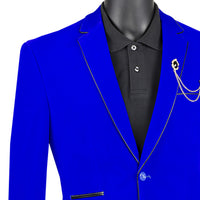 VINCI Men's Royal Blue Velvet 2-Button Slim-Fit Blazer with Leather Trim - NEW. Features a rich velvet texture, notch lapel, and sleek slim-fit silhouette with leather trim. Perfect for sophisticated day-to-night transitions and holiday occasions. Available at Fashion House Inc. (FH Menswear)