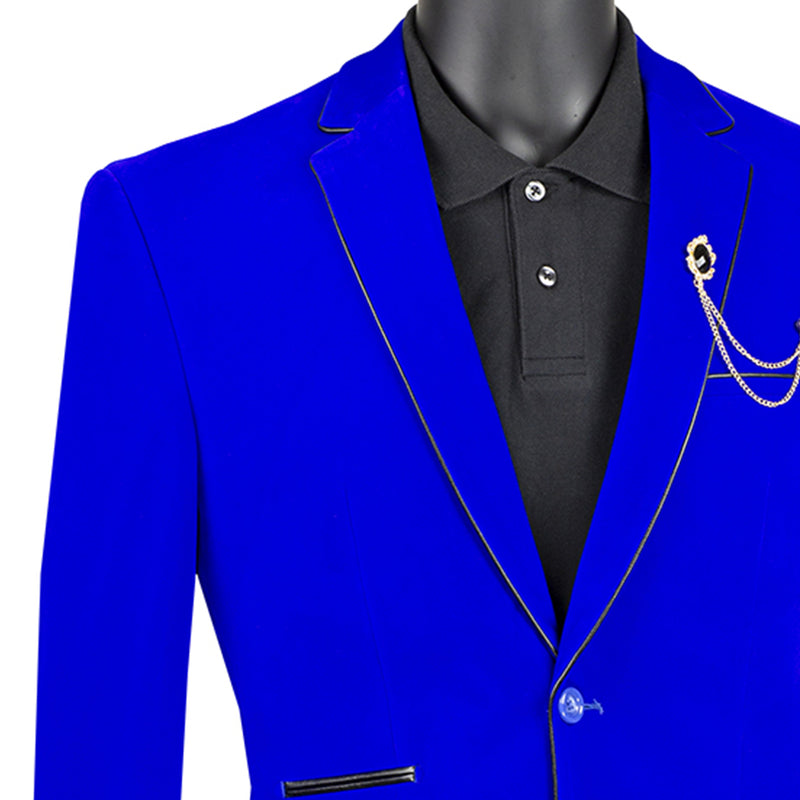 VINCI Men's Royal Blue Velvet 2-Button Slim-Fit Blazer with Leather Trim - NEW. Features a rich velvet texture, notch lapel, and sleek slim-fit silhouette with leather trim. Perfect for sophisticated day-to-night transitions and holiday occasions. Available at Fashion House Inc. (FH Menswear)