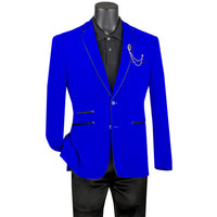 VINCI Men's Royal Blue Velvet 2-Button Slim-Fit Blazer with Leather Trim - NEW. Features a rich velvet texture, notch lapel, and sleek slim-fit silhouette with leather trim. Perfect for sophisticated day-to-night transitions and holiday occasions. Available at Fashion House Inc. (FH Menswear)