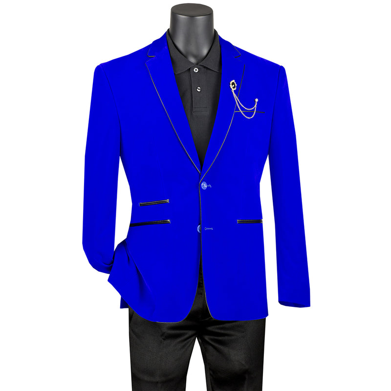 VINCI Men's Royal Blue Velvet 2-Button Slim-Fit Blazer with Leather Trim - NEW. Features a rich velvet texture, notch lapel, and sleek slim-fit silhouette with leather trim. Perfect for sophisticated day-to-night transitions and holiday occasions. Available at Fashion House Inc. (FH Menswear)
