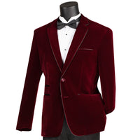 VINCI Men's Burgundy Velvet 2-Button Slim-Fit Blazer with Leather Trim - NEW. Features a rich velvet texture, notch lapel, and sleek slim-fit silhouette with leather trim. Perfect for sophisticated day-to-night transitions and holiday occasions. Available at Fashion House Inc. (FH Menswear)