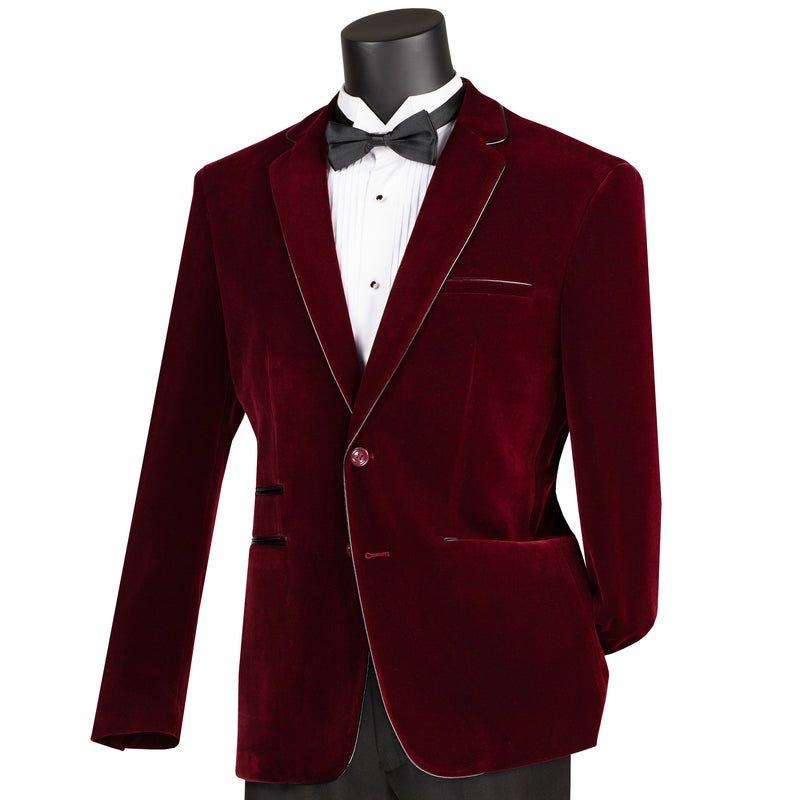 VINCI Men's Burgundy Velvet 2-Button Slim-Fit Blazer with Leather Trim - NEW. Features a rich velvet texture, notch lapel, and sleek slim-fit silhouette with leather trim. Perfect for sophisticated day-to-night transitions and holiday occasions. Available at Fashion House Inc. (FH Menswear)