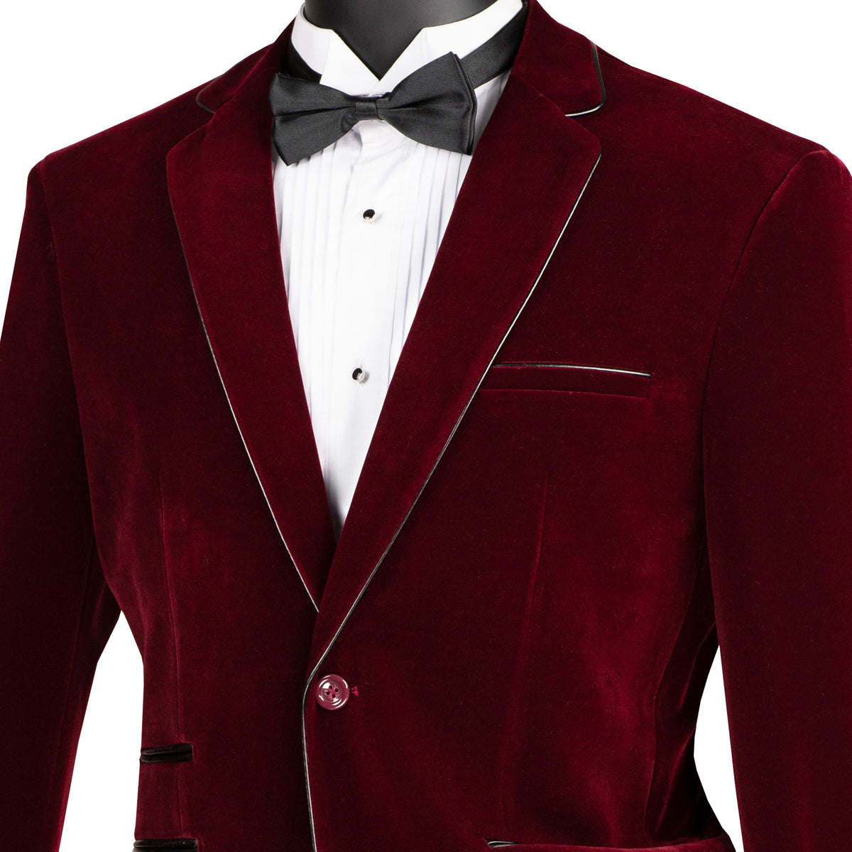 VINCI Men's Burgundy Velvet 2-Button Slim-Fit Blazer with Leather Trim - NEW. Features a rich velvet texture, notch lapel, and sleek slim-fit silhouette with leather trim. Perfect for sophisticated day-to-night transitions and holiday occasions. Available at Fashion House Inc. (FH Menswear)