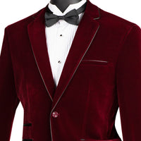 VINCI Men's Burgundy Velvet 2-Button Slim-Fit Blazer with Leather Trim - NEW. Features a rich velvet texture, notch lapel, and sleek slim-fit silhouette with leather trim. Perfect for sophisticated day-to-night transitions and holiday occasions. Available at Fashion House Inc. (FH Menswear)