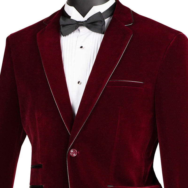 VINCI Men's Burgundy Velvet 2-Button Slim-Fit Blazer with Leather Trim - NEW. Features a rich velvet texture, notch lapel, and sleek slim-fit silhouette with leather trim. Perfect for sophisticated day-to-night transitions and holiday occasions. Available at Fashion House Inc. (FH Menswear)