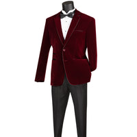 VINCI Men's Burgundy Velvet 2-Button Slim-Fit Blazer with Leather Trim - NEW. Features a rich velvet texture, notch lapel, and sleek slim-fit silhouette with leather trim. Perfect for sophisticated day-to-night transitions and holiday occasions. Available at Fashion House Inc. (FH Menswear)