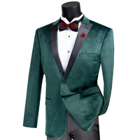 VINCI Men's Emerald Green Glen Plaid Slim-Fit Velvet Tuxedo Jacket - NEW. Features a bold Glen Plaid velvet texture, black sateen peak lapel, and slim-fit silhouette. Ideal for formal events and holiday style with an elegant edge. Available at Fashion House Inc. (FH Menswear)