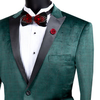 VINCI Men's Emerald Green Glen Plaid Slim-Fit Velvet Tuxedo Jacket - NEW. Features a bold Glen Plaid velvet texture, black sateen peak lapel, and slim-fit silhouette. Ideal for formal events and holiday style with an elegant edge. Available at Fashion House Inc. (FH Menswear)