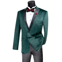 VINCI Men's Emerald Green Glen Plaid Slim-Fit Velvet Tuxedo Jacket - NEW. Features a bold Glen Plaid velvet texture, black sateen peak lapel, and slim-fit silhouette. Ideal for formal events and holiday style with an elegant edge. Available at Fashion House Inc. (FH Menswear)