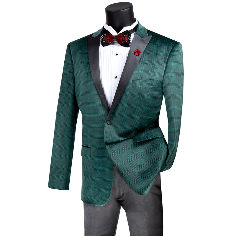 VINCI Men's Emerald Green Glen Plaid Slim-Fit Velvet Tuxedo Jacket - NEW. Features a bold Glen Plaid velvet texture, black sateen peak lapel, and slim-fit silhouette. Ideal for formal events and holiday style with an elegant edge. Available at Fashion House Inc. (FH Menswear)