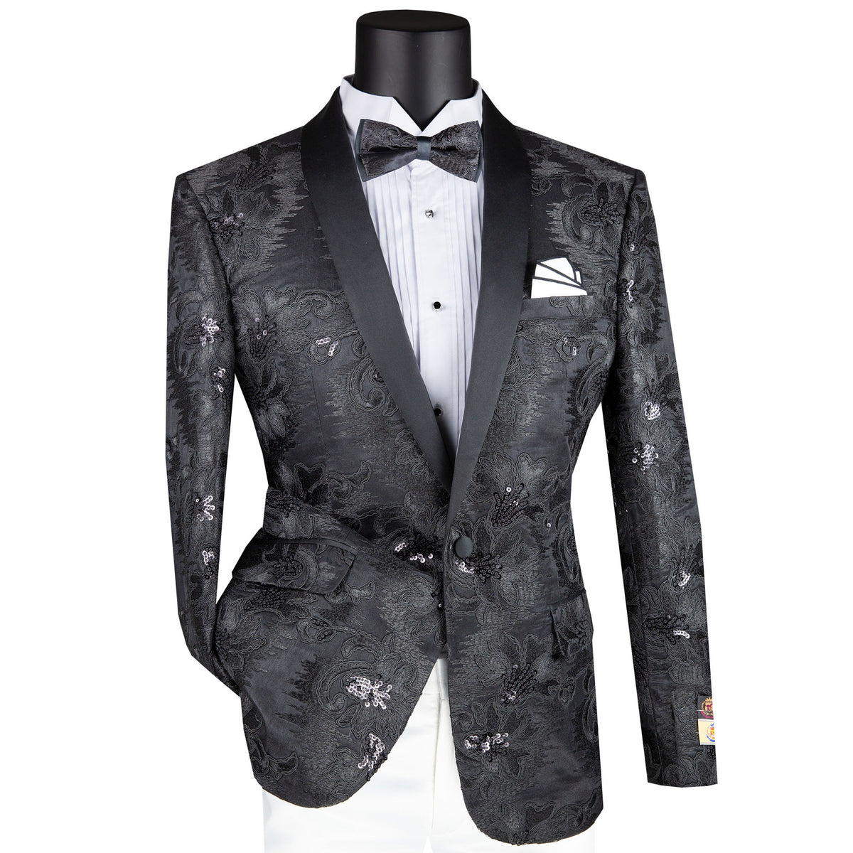VINCI Men's Black Paisley Embroidered Slim-Fit Blazer with Bow Tie - NEW. Features a sleek slim-fit silhouette, sateen shawl lapel, and elegant paisley embroidery. A perfect choice for weddings, proms, and formal events. Available at Fashion House Inc. (FH Menswear)