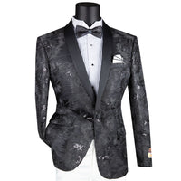 VINCI Men's Black Paisley Embroidered Slim-Fit Blazer with Bow Tie - NEW. Features a sleek slim-fit silhouette, sateen shawl lapel, and elegant paisley embroidery. A perfect choice for weddings, proms, and formal events. Available at Fashion House Inc. (FH Menswear)