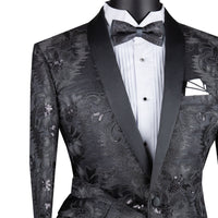 VINCI Men's Black Paisley Embroidered Slim-Fit Blazer with Bow Tie - NEW. Features a sleek slim-fit silhouette, sateen shawl lapel, and elegant paisley embroidery. A perfect choice for weddings, proms, and formal events. Available at Fashion House Inc. (FH Menswear)