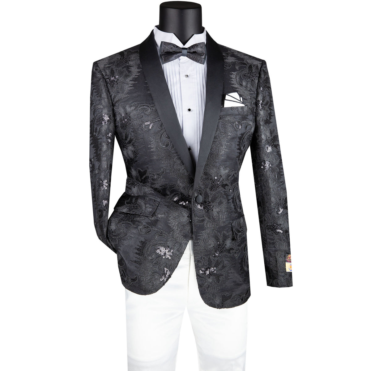 VINCI Men's Black Paisley Embroidered Slim-Fit Blazer with Bow Tie - NEW. Features a sleek slim-fit silhouette, sateen shawl lapel, and elegant paisley embroidery. A perfect choice for weddings, proms, and formal events. Available at Fashion House Inc. (FH Menswear)
