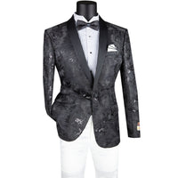 VINCI Men's Black Paisley Embroidered Slim-Fit Blazer with Bow Tie - NEW. Features a sleek slim-fit silhouette, sateen shawl lapel, and elegant paisley embroidery. A perfect choice for weddings, proms, and formal events. Available at Fashion House Inc. (FH Menswear)