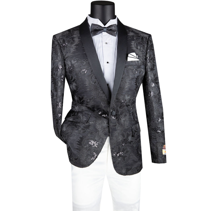 VINCI Men's Black Paisley Embroidered Slim-Fit Blazer with Bow Tie - NEW. Features a sleek slim-fit silhouette, sateen shawl lapel, and elegant paisley embroidery. A perfect choice for weddings, proms, and formal events. Available at Fashion House Inc. (FH Menswear)