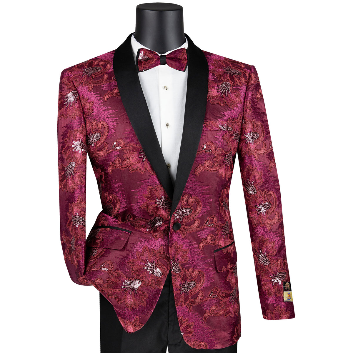 VINCI Men's Burgundy Paisley Embroidered Slim-Fit Blazer with Bow Tie - NEW. Features a sleek slim-fit silhouette, sateen shawl lapel, and elegant paisley embroidery. A perfect choice for weddings, proms, and formal events. Available at Fashion House Inc. (FH Menswear)