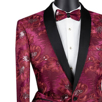 VINCI Men's Burgundy Paisley Embroidered Slim-Fit Blazer with Bow Tie - NEW. Features a sleek slim-fit silhouette, sateen shawl lapel, and elegant paisley embroidery. A perfect choice for weddings, proms, and formal events. Available at Fashion House Inc. (FH Menswear)