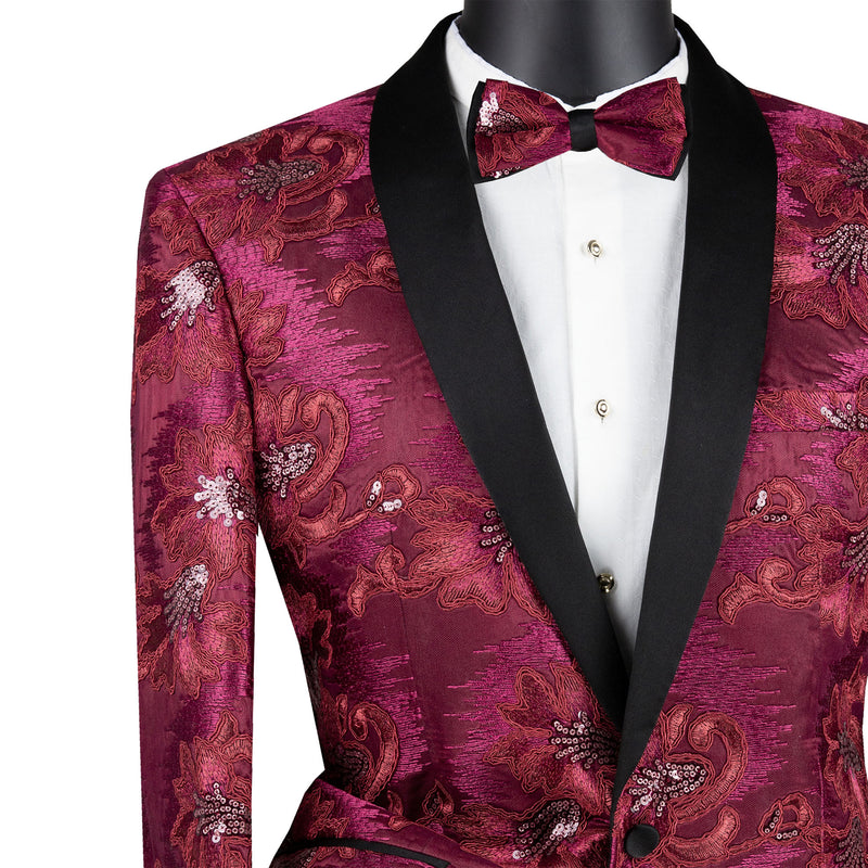 VINCI Men's Burgundy Paisley Embroidered Slim-Fit Blazer with Bow Tie - NEW. Features a sleek slim-fit silhouette, sateen shawl lapel, and elegant paisley embroidery. A perfect choice for weddings, proms, and formal events. Available at Fashion House Inc. (FH Menswear)