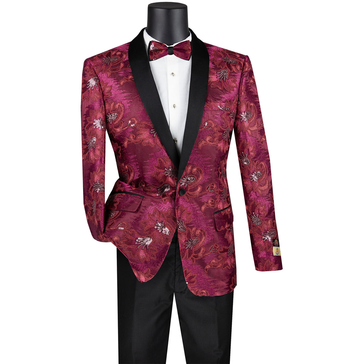 VINCI Men's Burgundy Paisley Embroidered Slim-Fit Blazer with Bow Tie - NEW. Features a sleek slim-fit silhouette, sateen shawl lapel, and elegant paisley embroidery. A perfect choice for weddings, proms, and formal events. Available at Fashion House Inc. (FH Menswear)