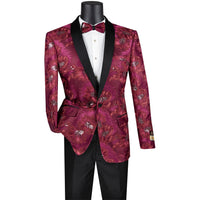 VINCI Men's Burgundy Paisley Embroidered Slim-Fit Blazer with Bow Tie - NEW. Features a sleek slim-fit silhouette, sateen shawl lapel, and elegant paisley embroidery. A perfect choice for weddings, proms, and formal events. Available at Fashion House Inc. (FH Menswear)