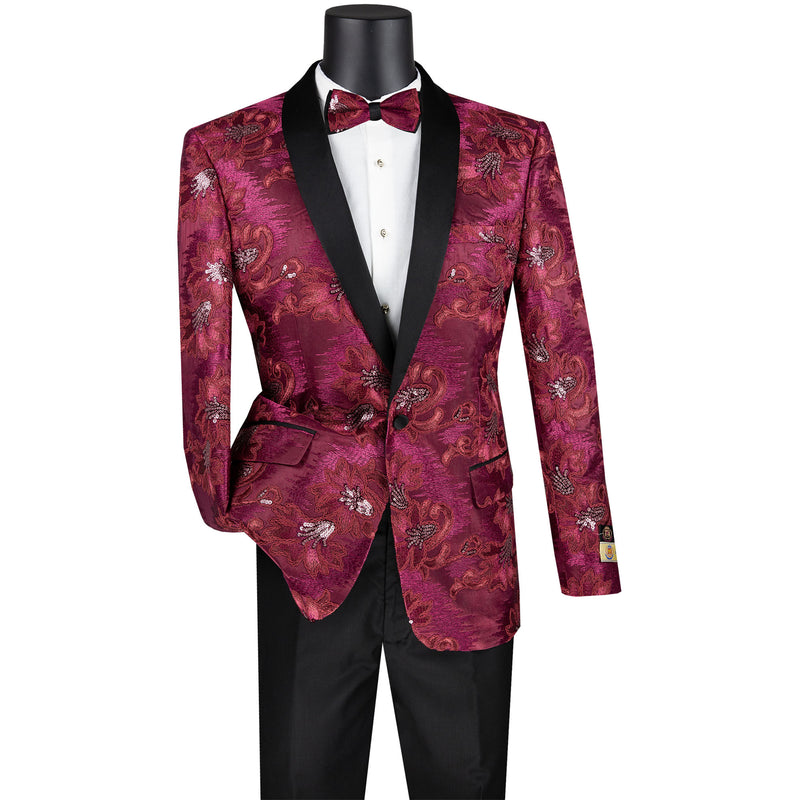 VINCI Men's Burgundy Paisley Embroidered Slim-Fit Blazer with Bow Tie - NEW. Features a sleek slim-fit silhouette, sateen shawl lapel, and elegant paisley embroidery. A perfect choice for weddings, proms, and formal events. Available at Fashion House Inc. (FH Menswear)